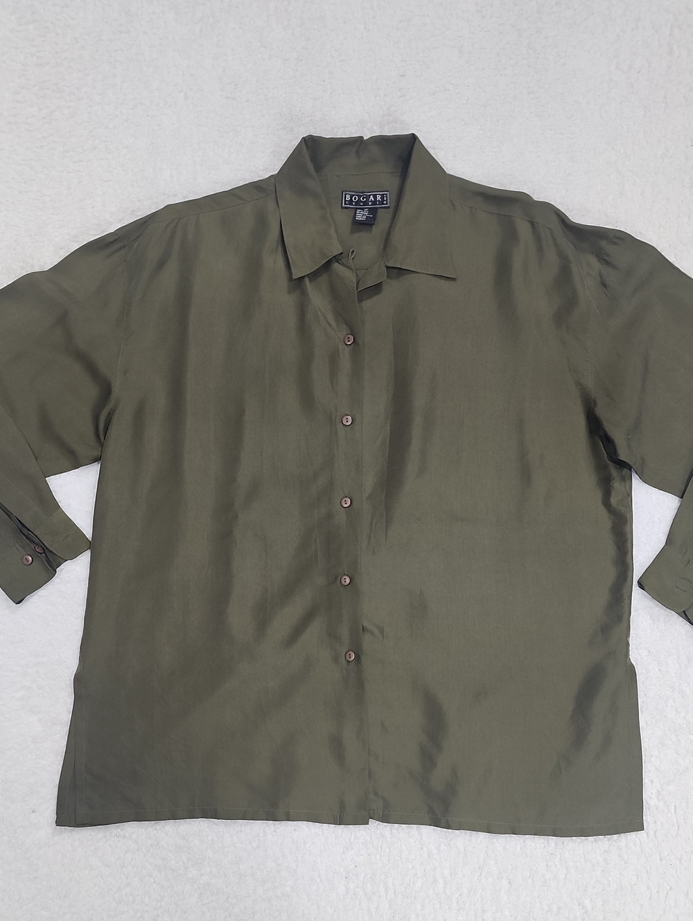 Vintage Bogari Studio Olive Green 100% Silk Button Down Blouse EUC
